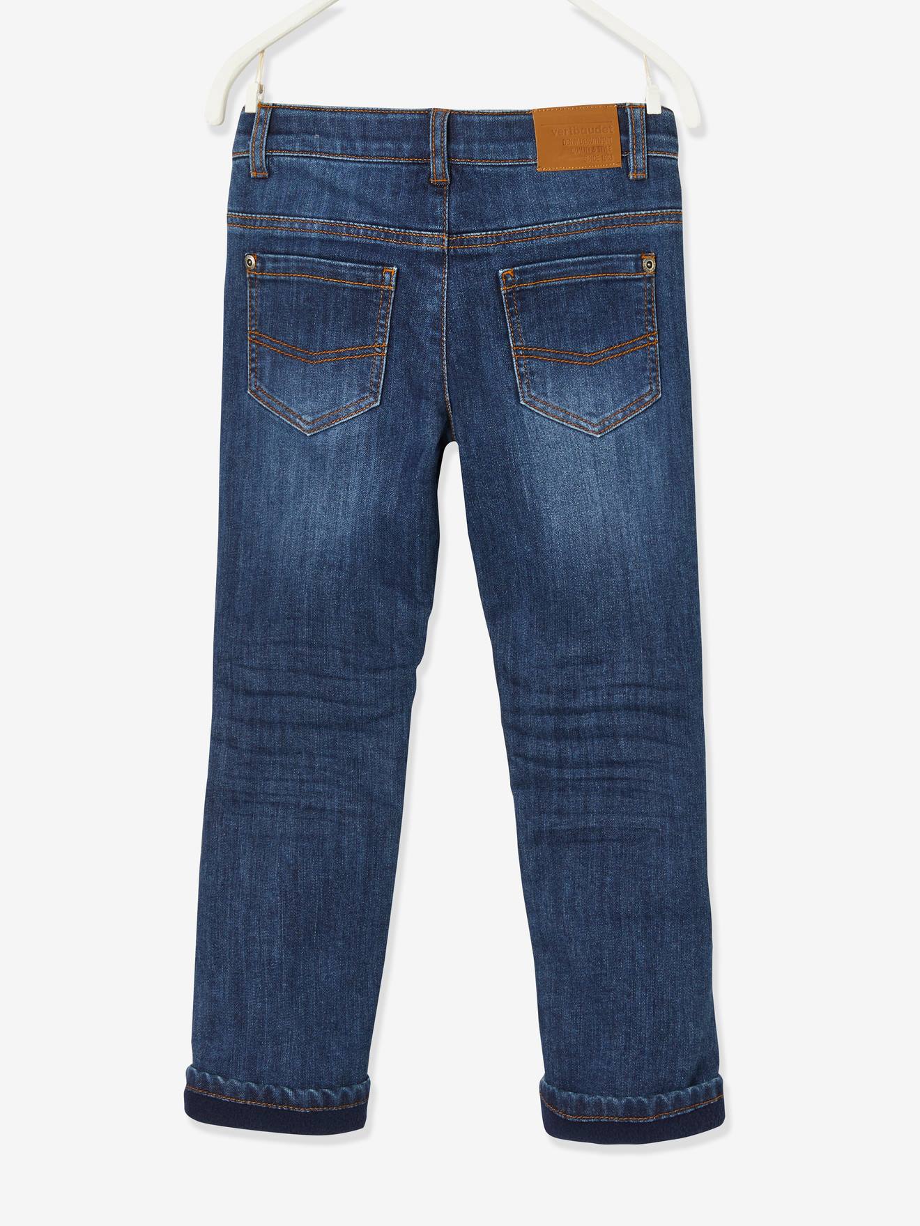 Calça jeans indestrutível de corte reto com forro de lã, para meninos, azul escuro liso