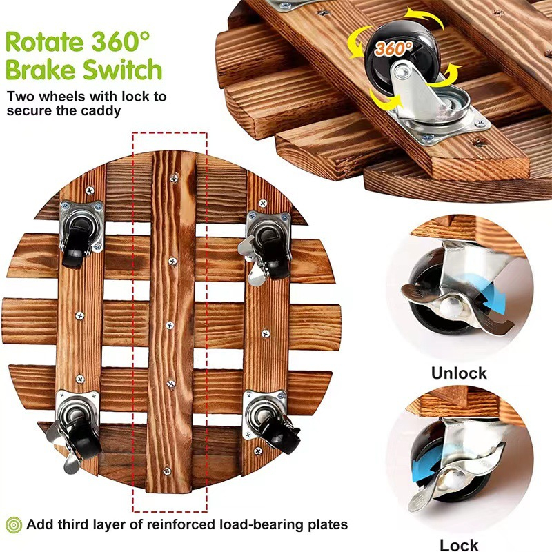 (Ø30cm) Holz Blumentopf Rollen Pflanzen Deko Transport Untersetzer mit 4 Rädern - Braun