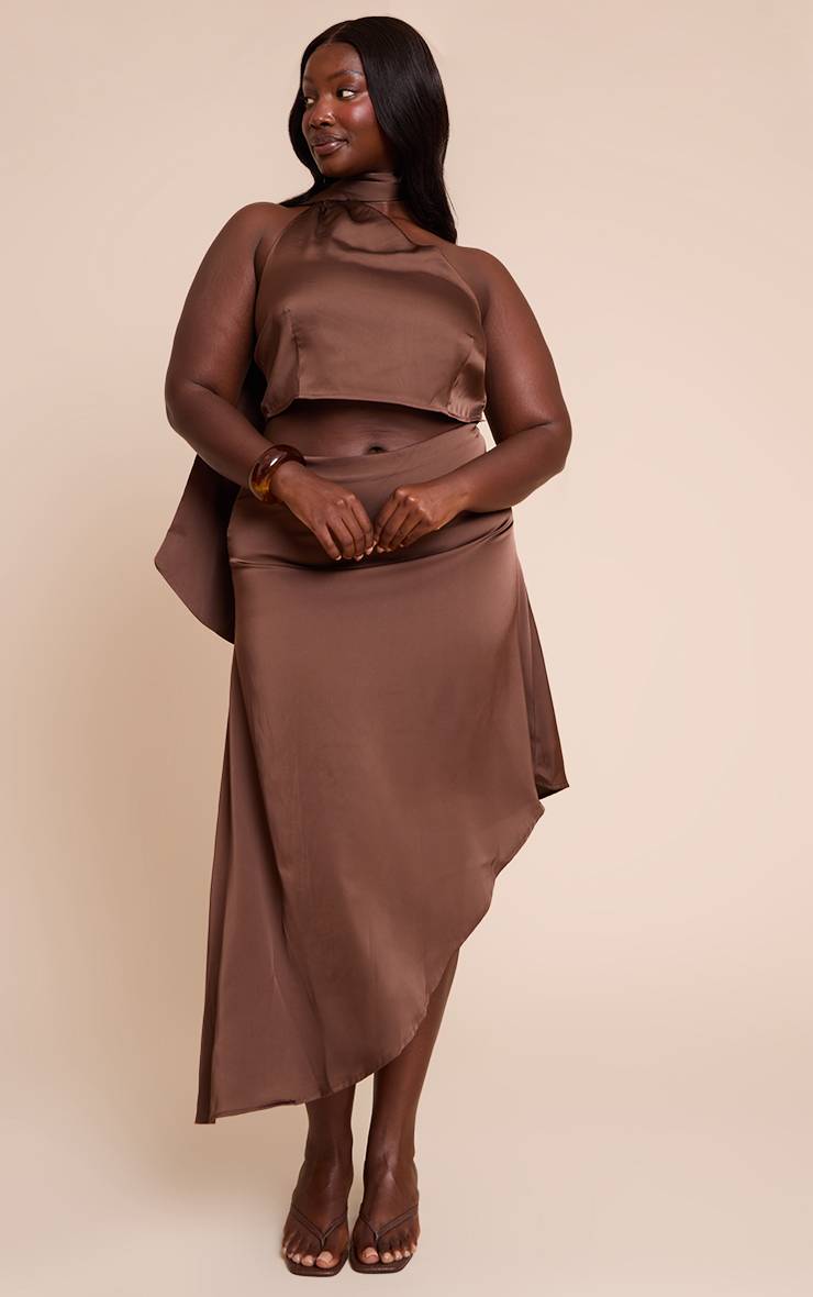 Marron Foncé Ensemble Crop Top Grande Taille À Détail Foulard Imprimé En Satin