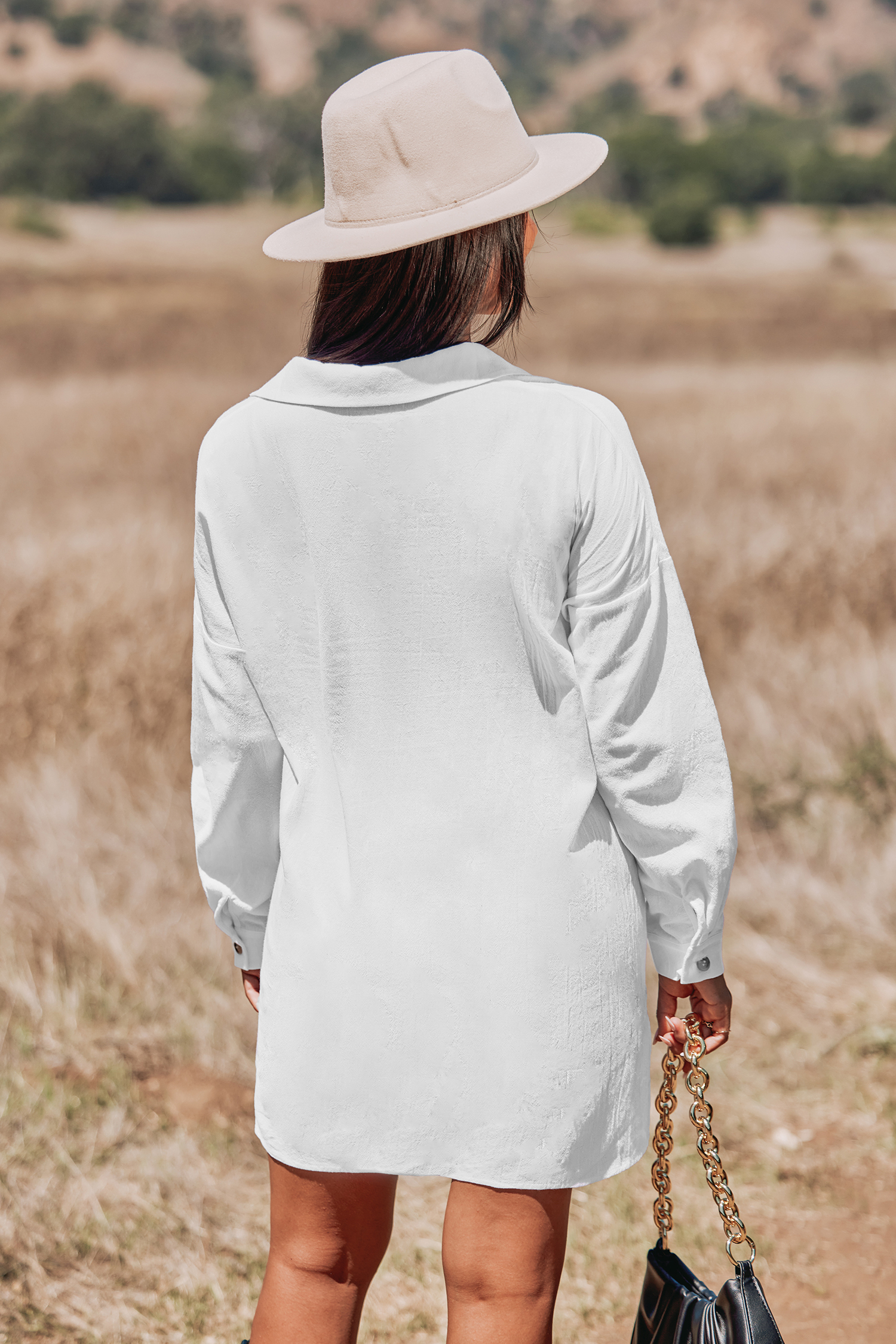 Robe chemise mini en pur coton à manches longues