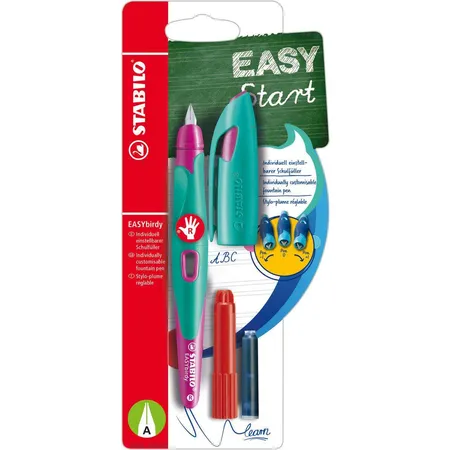 Ergonomischer Schulfüller für Rechtshänder mit Anfänger-Feder A - STABILO EASYbirdy in türkis/neonpink - Einzelstift - inklusive Patrone und Einstellwerkzeug - Schreibfarbe blau (löschbar)