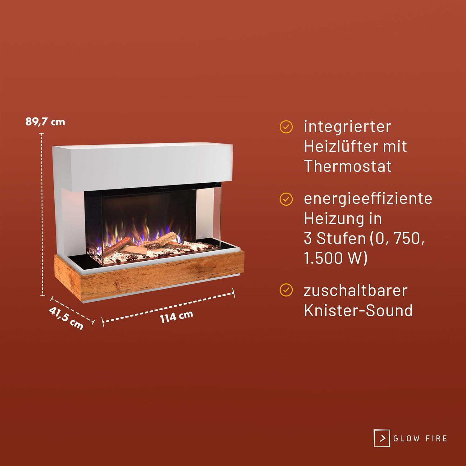 GLOW FIRE Kaminofen Curie mit realistischem 3D E-Motion LED-Feuer - Stand-Elektrokamin mit Heizung, Kaminfeuer & Timer, max. 1500 W, 114x89x41,5, Weiß