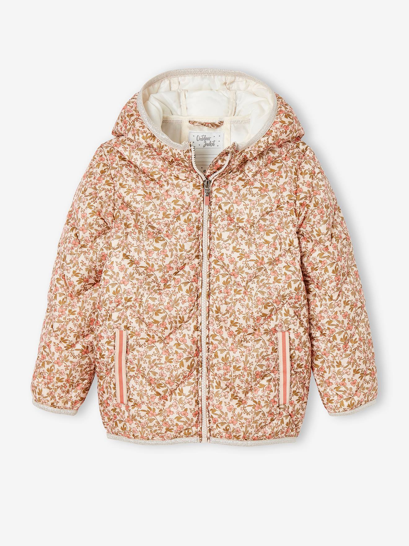 Jaqueta acolchoada leve com capuz e detalhes iridescentes, para meninas, estampa amarela tamanho médio.