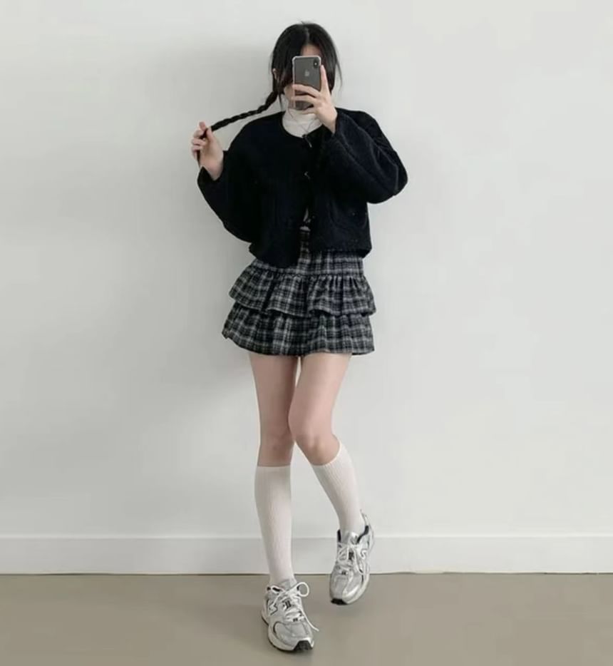 MIKIGA - Geruite rok met hoge taille en ruches aan de zoom