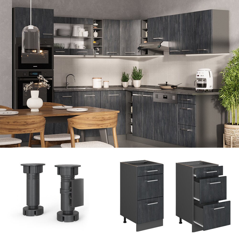 Vicco Schubladenunterschrank R-Line Schwarz Beton Anthrazit 40 cm ohne Arbeitsplatte