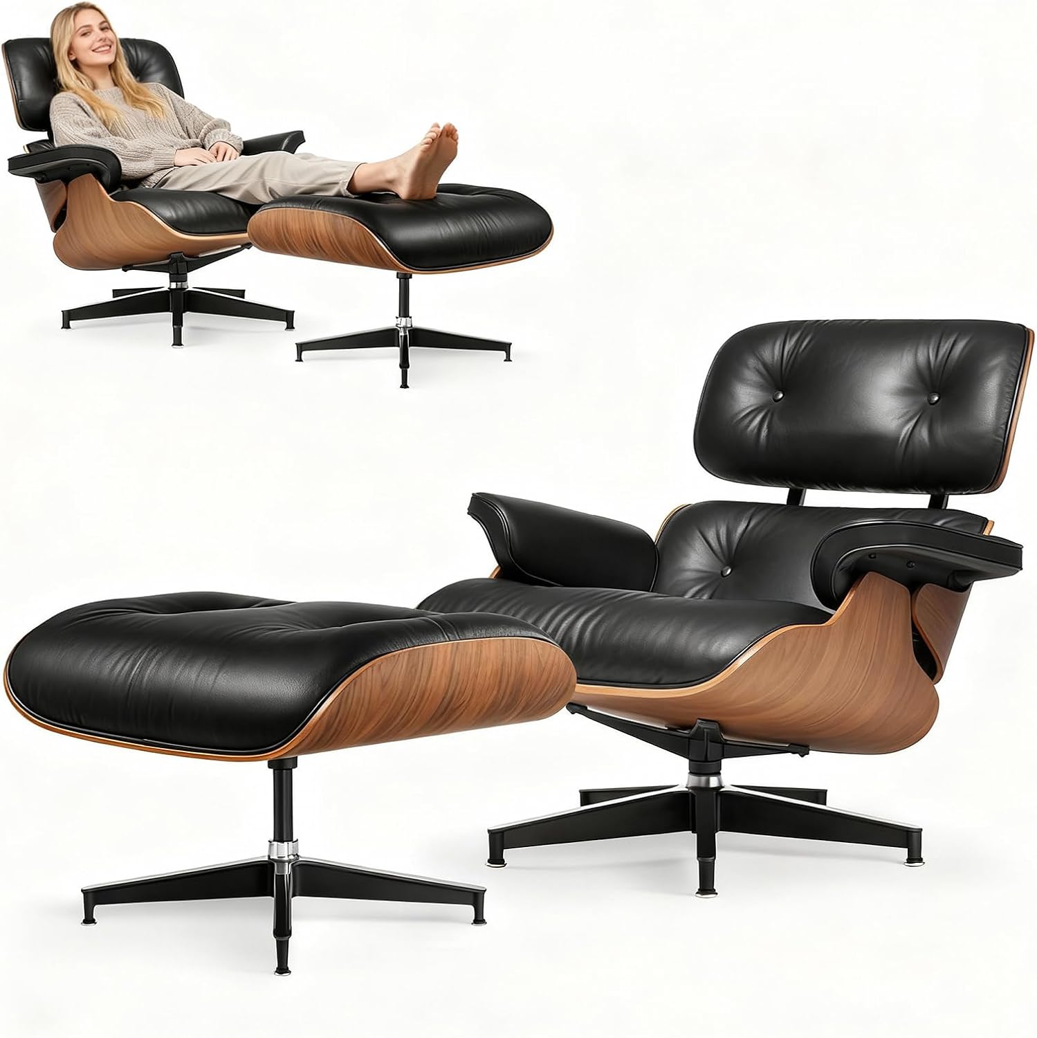 Echtleder-Entspannungssessel mit Fußhocker, Moderner Fernsehsessel, Drehbarer Chaiselongue mit Ottomane, Fester Neigungswinkel von 105°, Massiver Holzrahmen, Perfekt für Wohnzimmer & Büro