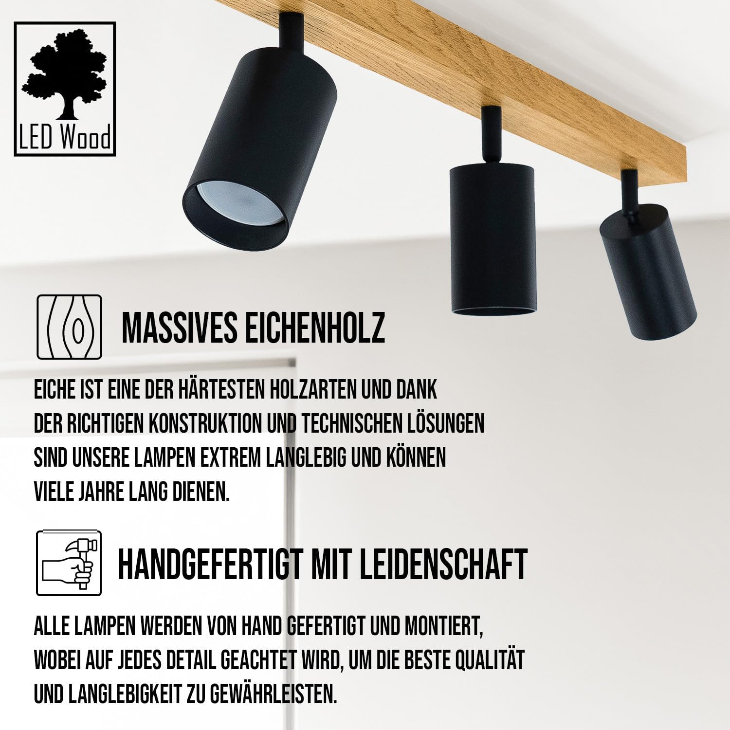 LED Wood Deckenstrahler 4 Flammig Schwenkbar - Handgefertigte Spots Deckenleuchte Modern aus Eiche - Strahler Deckenlampe Holz - GU10 Spotlight Lampe Wohnzimmer (Ohne Glühbirne) - Länge 90cm