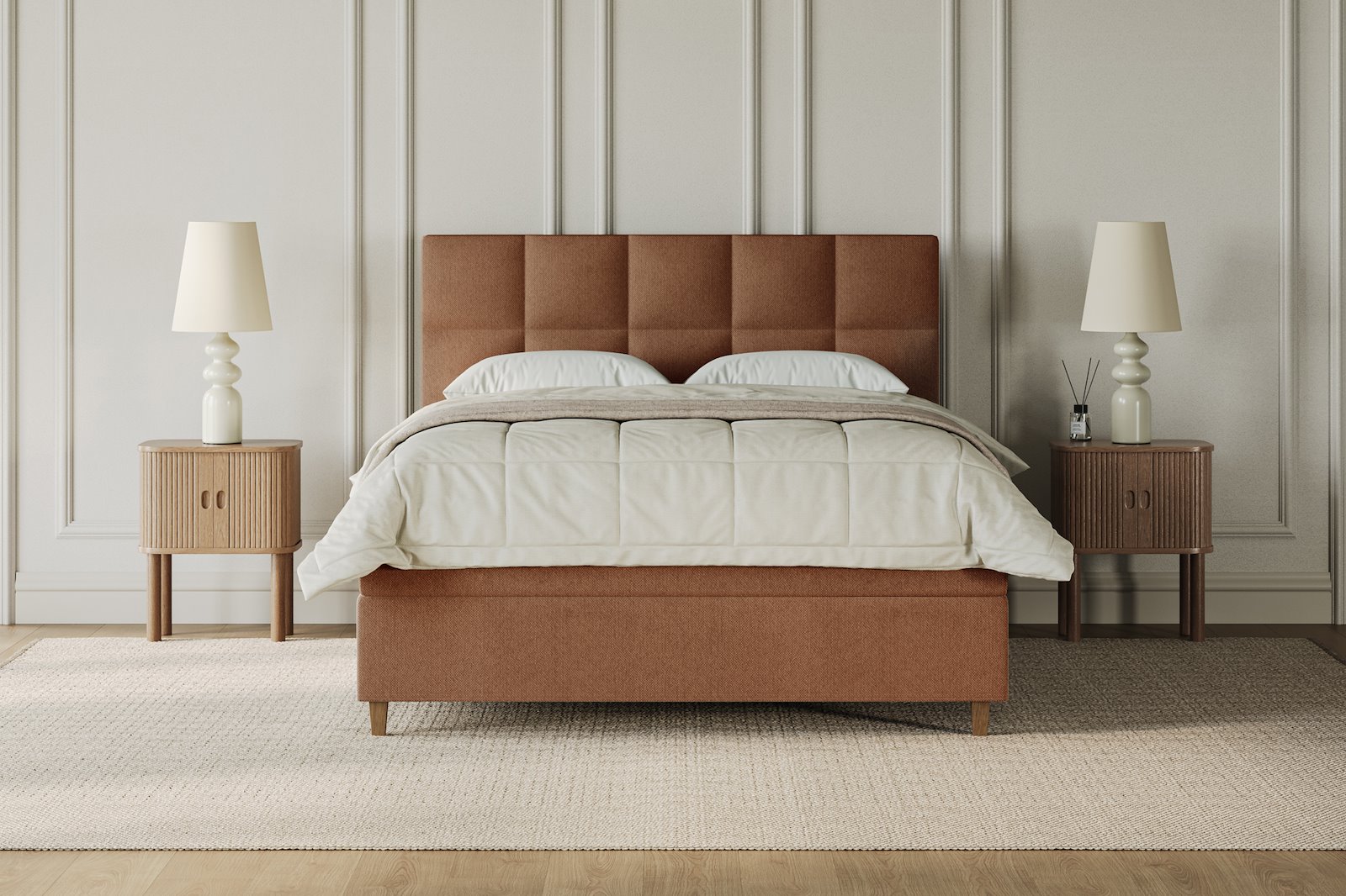 XOV Venus Kontinentalseng 150x200 cm i tekstil storm 54 tan, fast/fast med Premium 15 overmadrass og sort firkantede ben, gavl selges separate