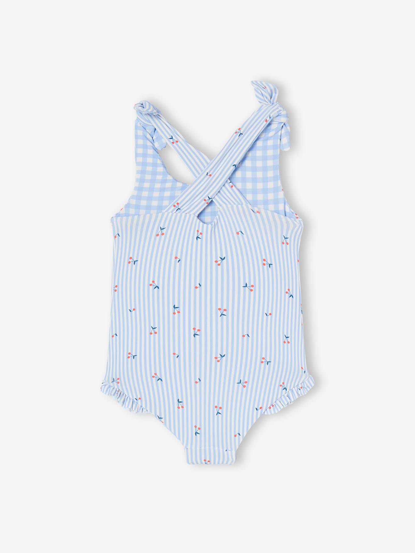 Maiô reversível para bebê menina, xadrez vichy/listras e flores, azul claro