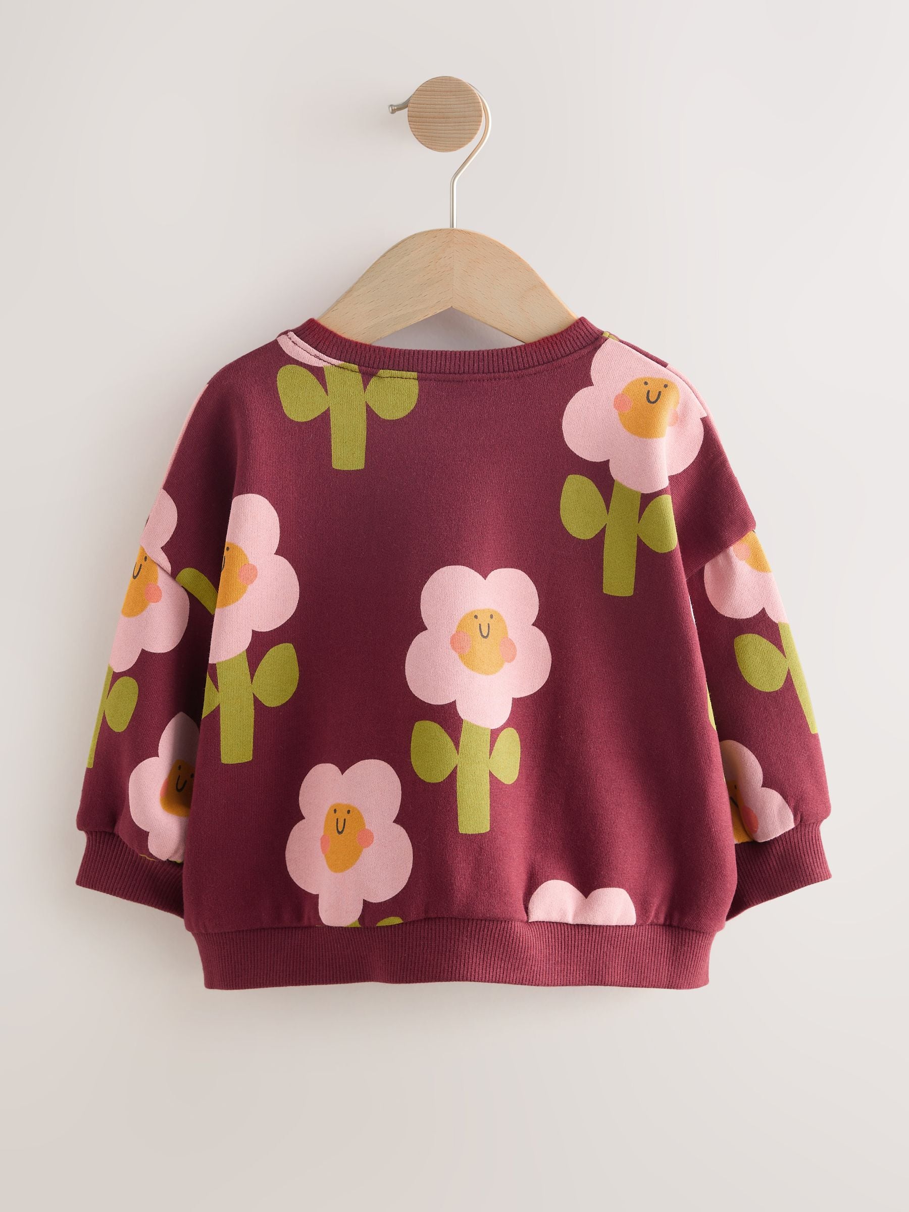 Bordeauxrode Smiley Bloemenprint - Sweatshirt met ronde hals (3 mnd-7 jr)