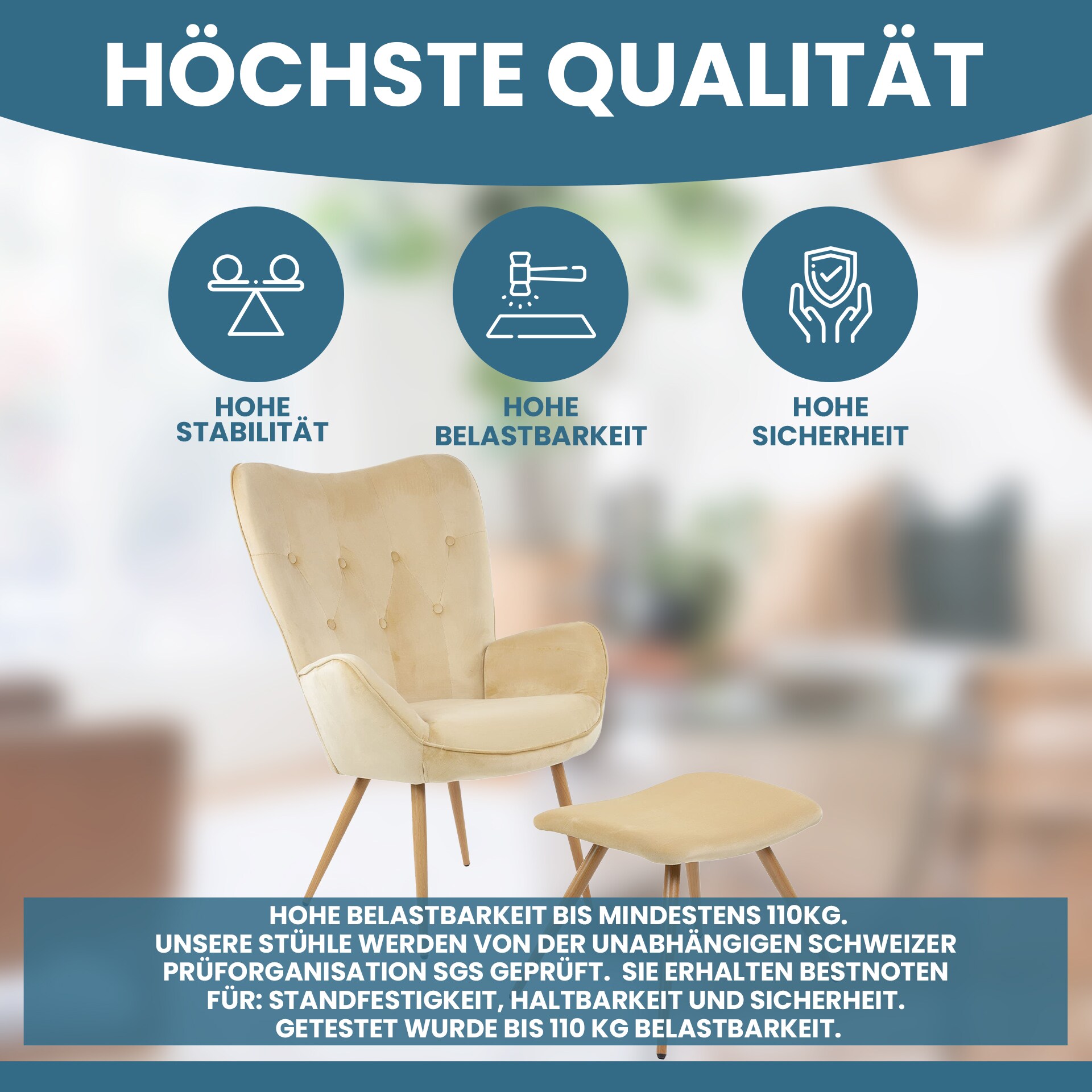 Albatros Ohrensessel mit Hocker YORK, Samt Bezug, bequem gepolstert, Fernsehsessel, Polstersessel, Farbe Ohrensessel:Beige
