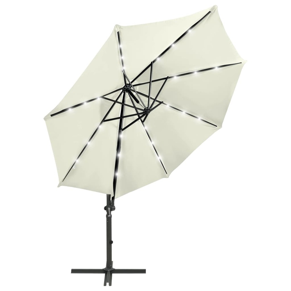 Parasol meuble de jardin déporté avec mât et lumières led 300 cm sable