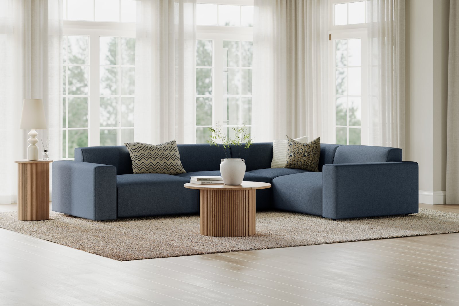 Styl hjørnesofa 3/1,5 hjørnesofa duo puter. Tekstil Lombardo 16/2 Dark Blue med sorte ben.
