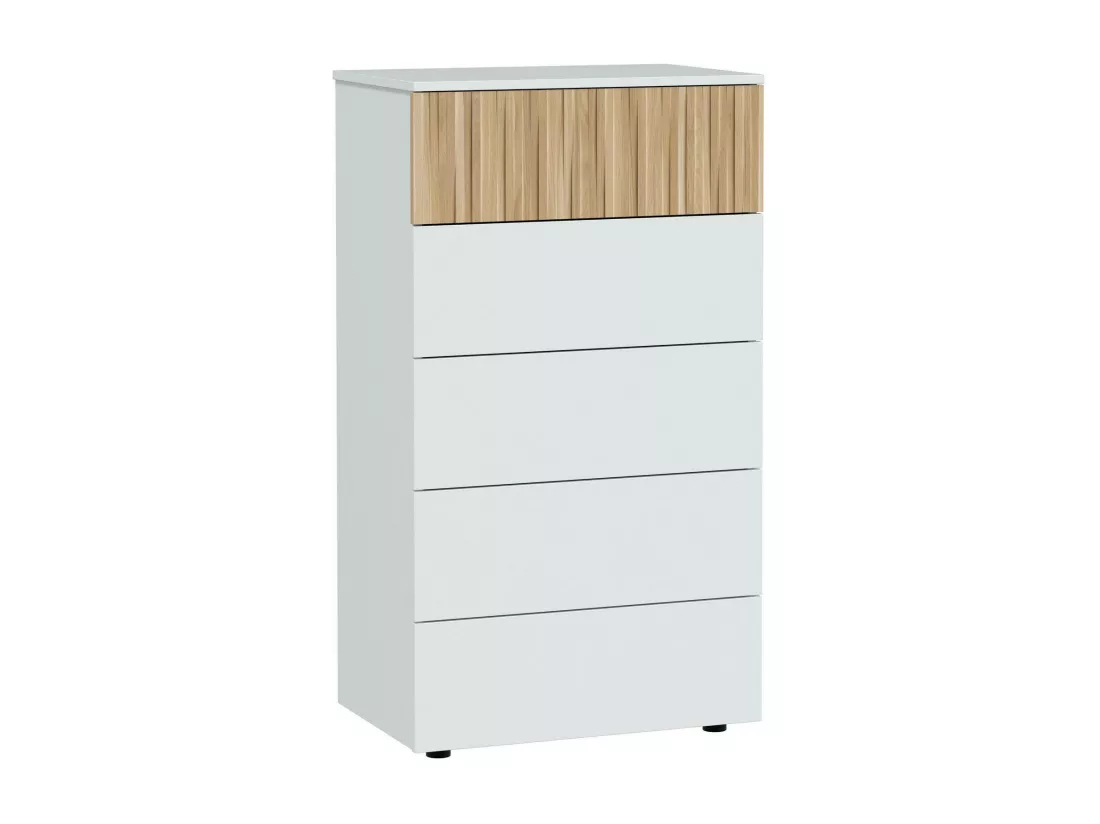 Commode Dorig, commode à 5 tiroirs, commode pour la chambre, commode moderne, 61x40h109 cm, blanc et chêne