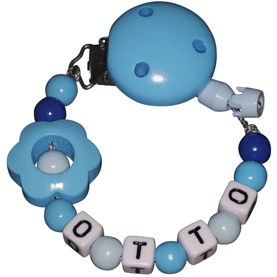 Schnullireich Schnullerkette mit Namen Blume (Kunststoff-Buchstaben) Blau