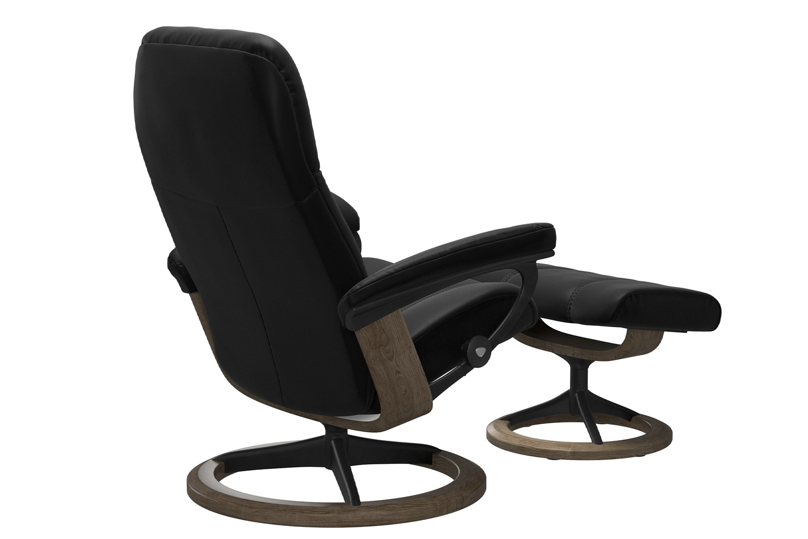 Consul lenestol m/krakk I hud Batick Black med Signature Matt sort smoked oak understell. Medium stol med krakk.