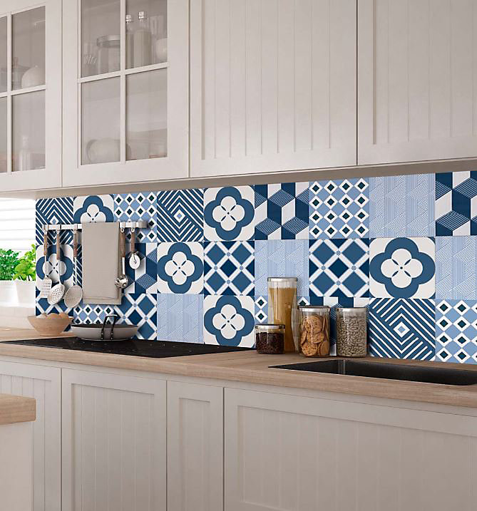 6 carreaux adhésifs motif losange etoile bleue L.15 x H.15 x l.0,4cm
