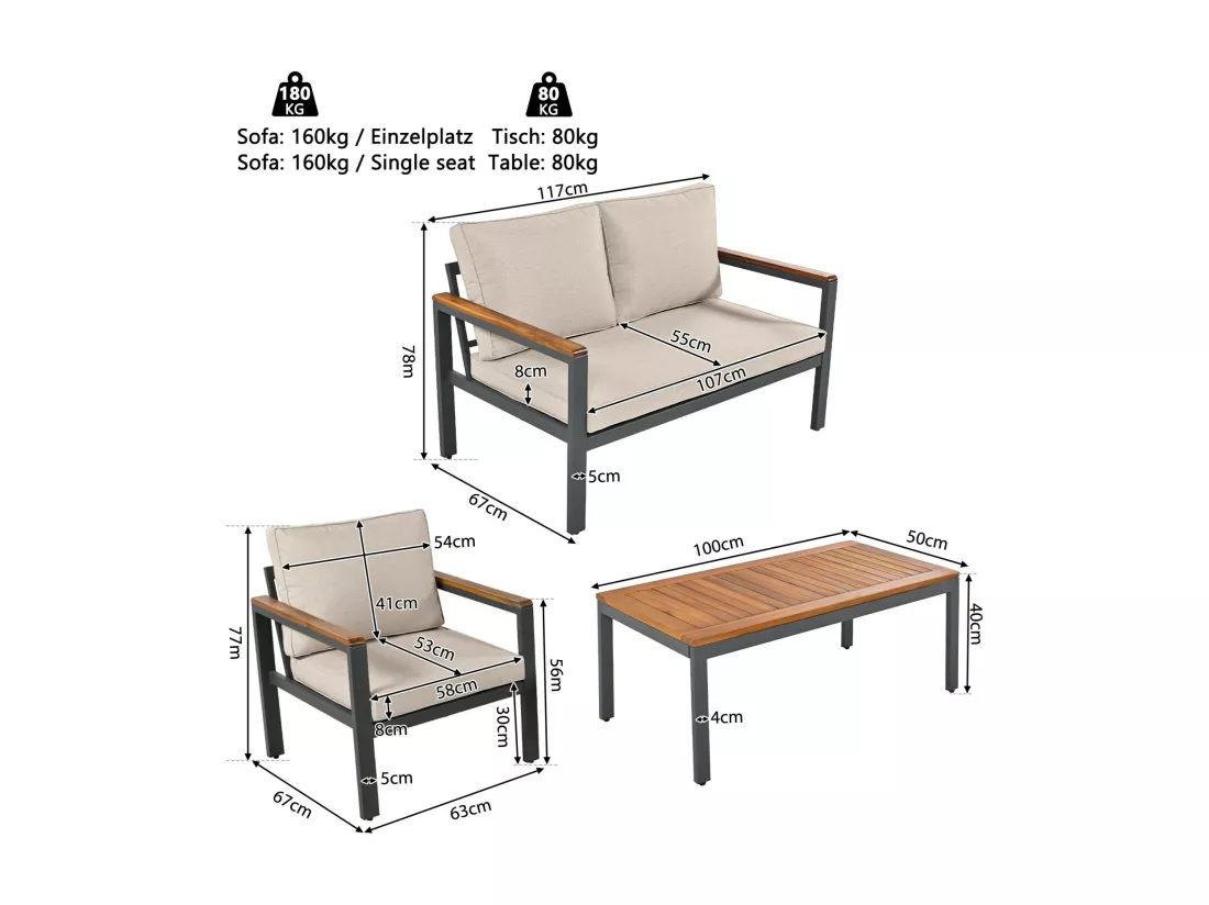 Salle à manger de jardin en acier galvanisé, 4 places, table et accoudoirs acacia en bois, chaises pieds réglables, Beige