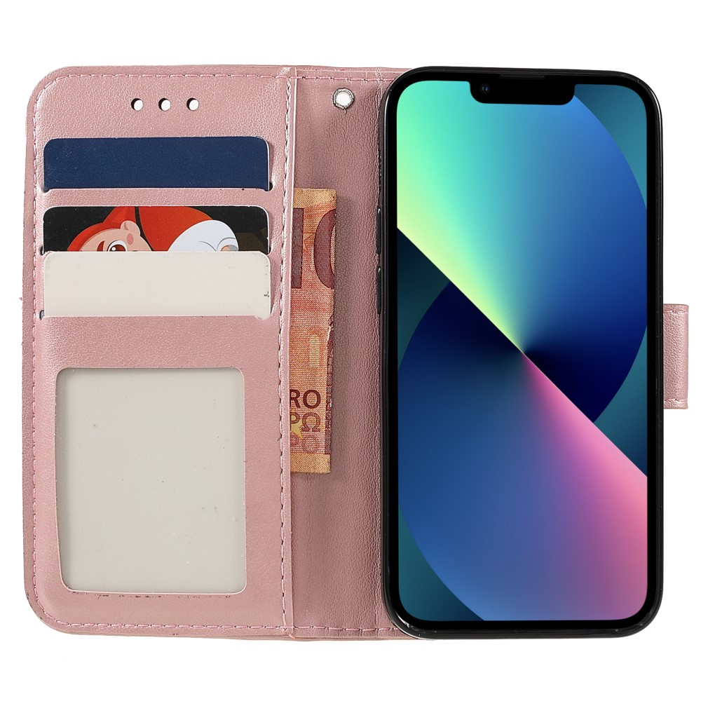 iPhone 13 Leder Tasche Wallet - Mandala Flowers Imprint - Roségold