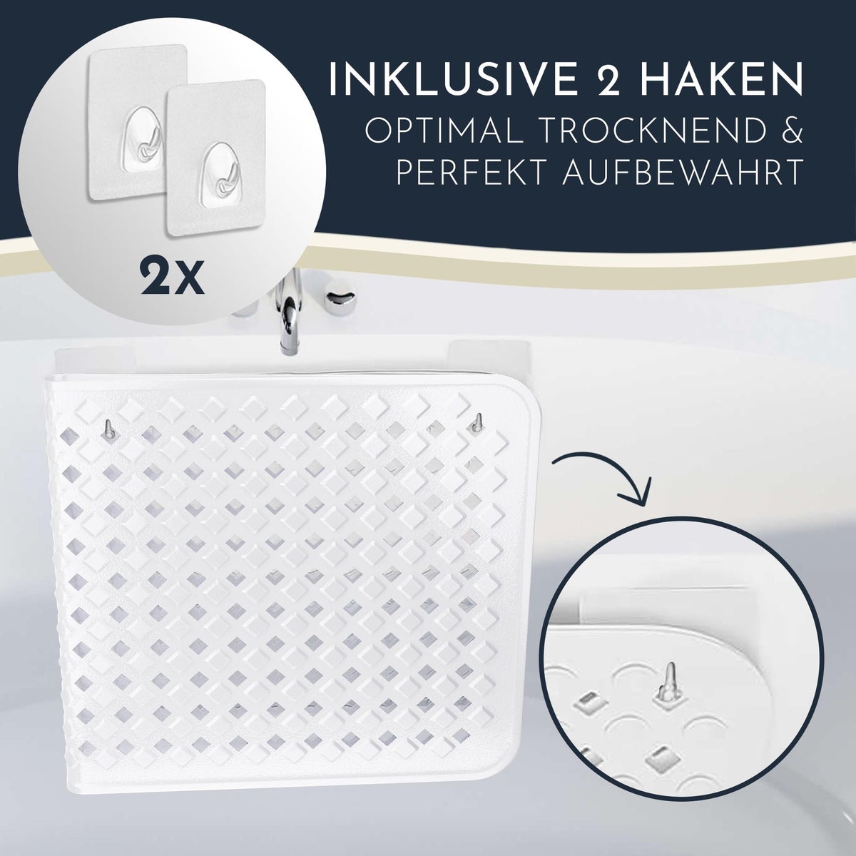 Homerella Antislip Badmat, Huidvriendelijk, 88x39cm, INCL. OPHANGSTANG | Antislip Badmat, BPA-vrij | Schimmelwerende & Machinewasbare Douchemat | Antislip Badmat
