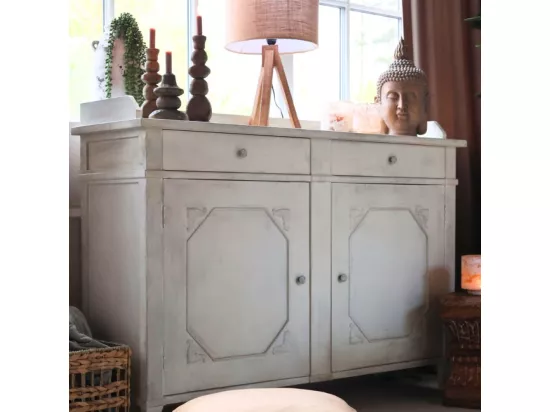 Buffet 2 portes en bois de pin blanc antique 153 x 51.5 x 112 cm