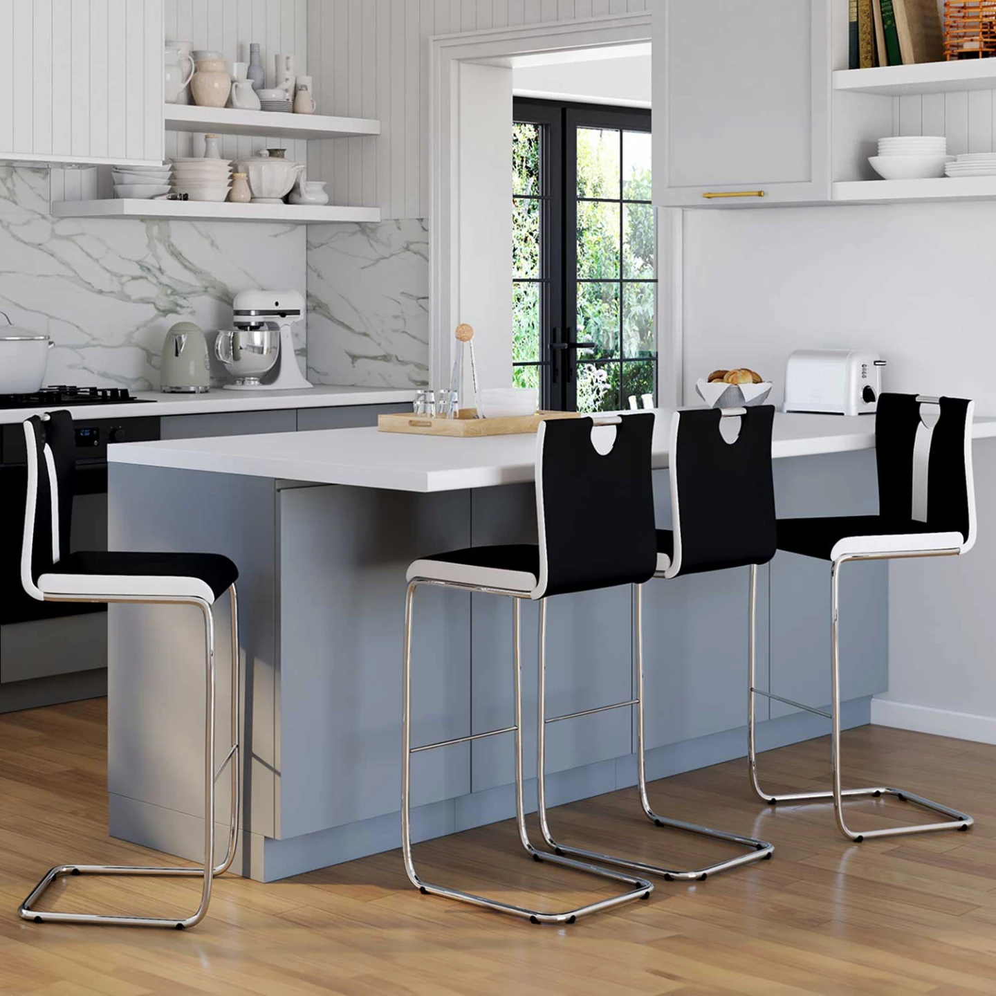 Lot de 4 tabourets de bar PIA noir et blanc