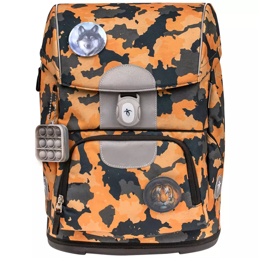 Belmil Schulranzen Motion Schulranzen Set 6-teilig mit Brustgurt, Hüftgurt Orange Camouflage