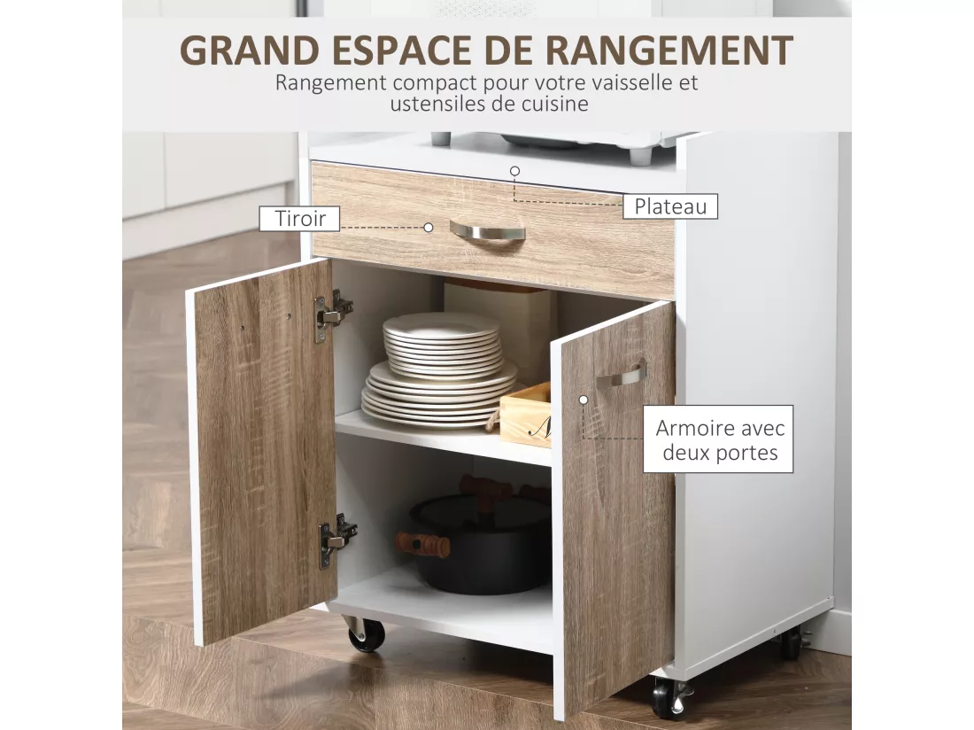 Chariot de service desserte de cuisine à roulettes tiroir placard 2 portes étagère panneaux particules blanc aspect chêne clair