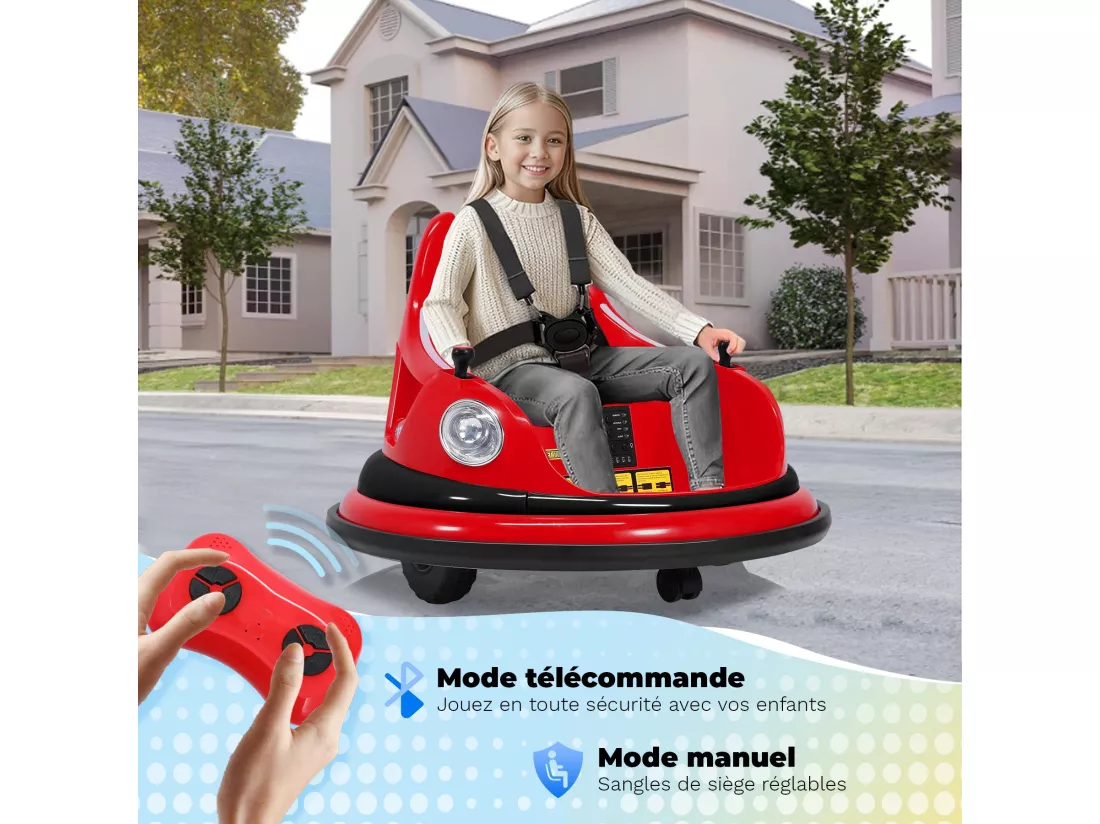 HOMEMIYN Voiture tampon électrique 12V à 2 vitesses, certifiée ASTM, avec télécommande, musique Bluetooth, lumière LED, rotation à 360°, ceinture de sécurité à cinq points, jouets pour enfants pour garçons et filles de 1,5 à 5 ans, rouge.