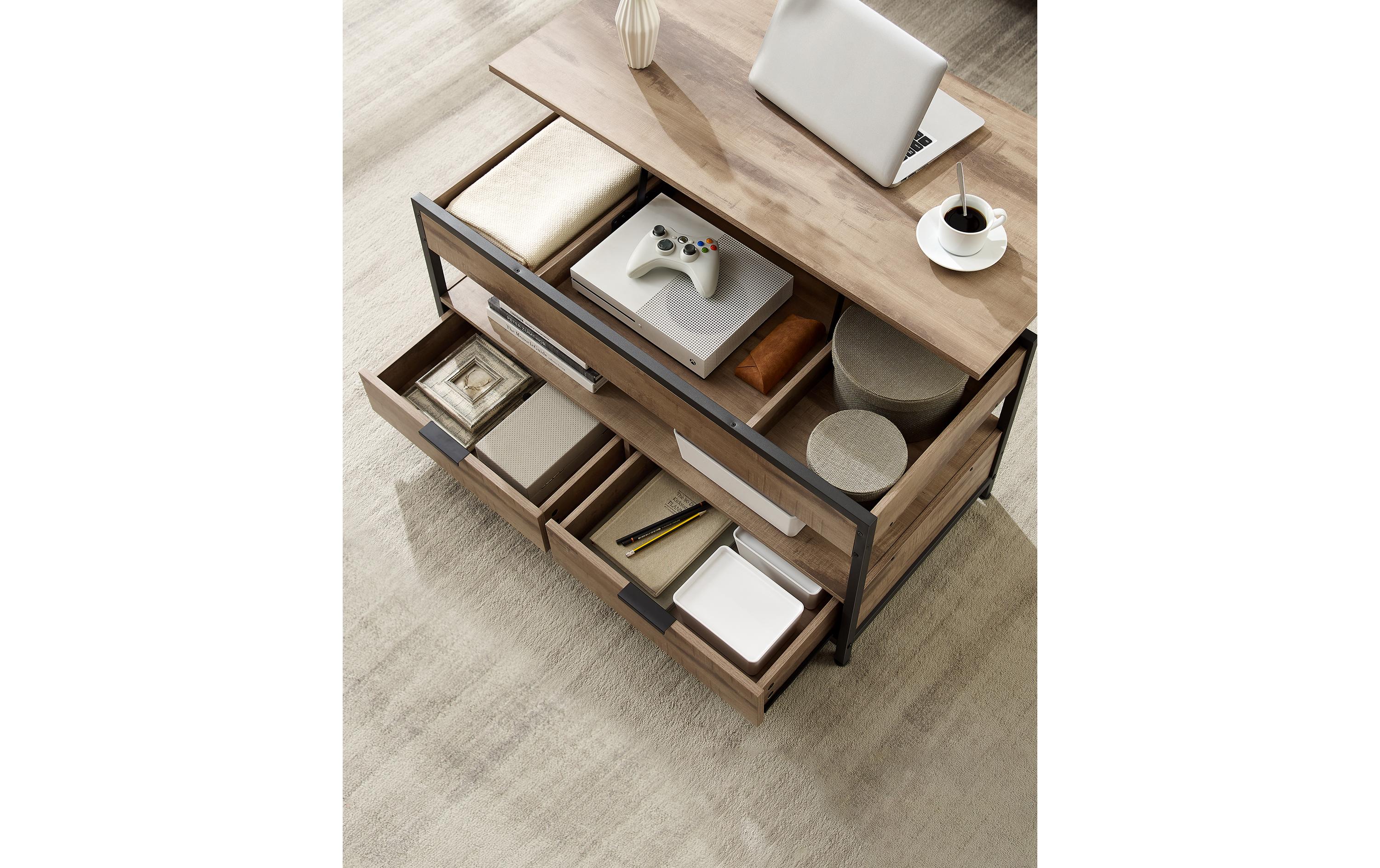 Couchtisch 100 x 48 cm/63 cm, Braun<br>Wohnzimmertisch mit hochklappbaren Schubladen