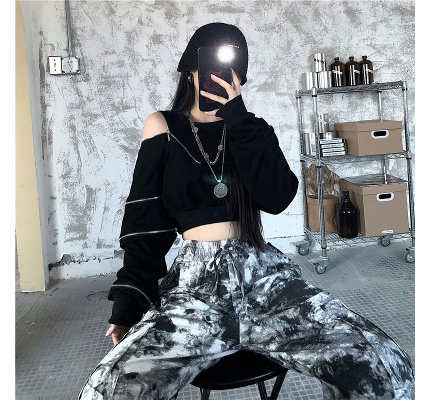 Kenning - Ronde hals effen cropped sweatshirt met meerdere ritsen