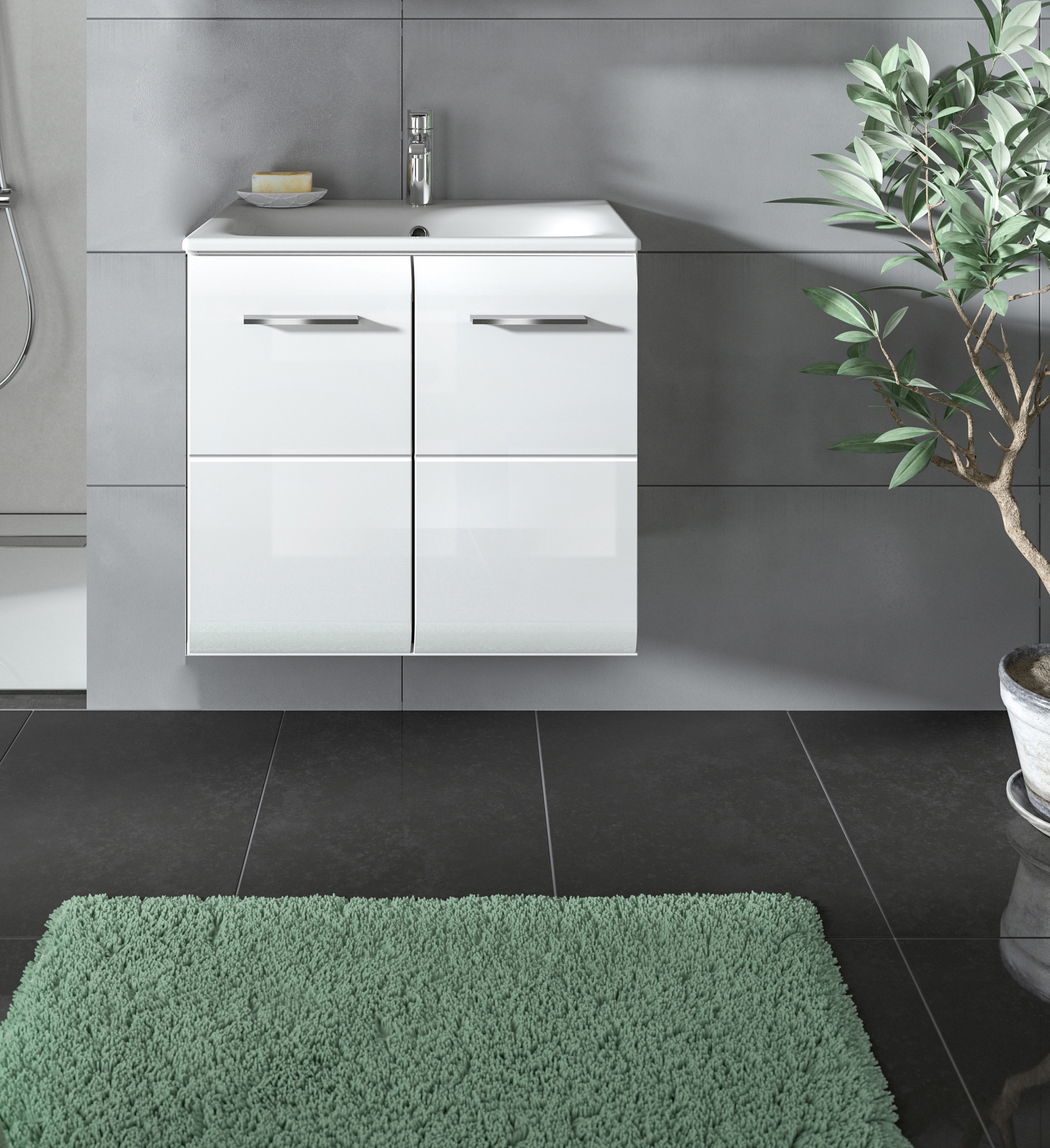 INOSIGN Waschbeckenunterschrank 2 Stk. tlg. Florenz, Waschtisch inkl. Waschbecken, Weiss Hochglanz Tiefzieh