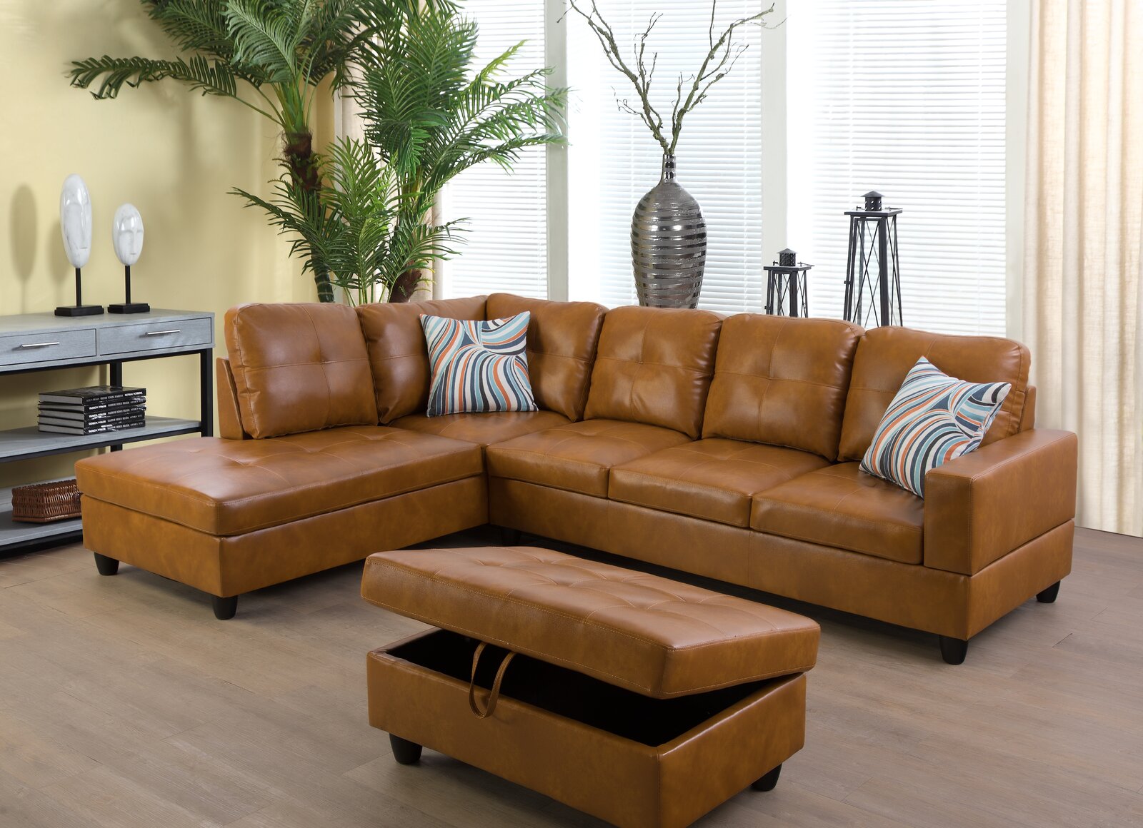 Wilhelmine 103.5&prime;&prime; Wide Faux Leather Sofa & Chaise With Ottoman