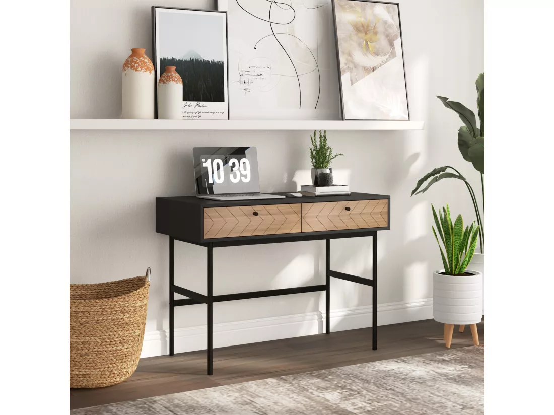 Bureau secrétaire style graphique - 2 tiroirs façades chevrons - acier noir aspect bois
