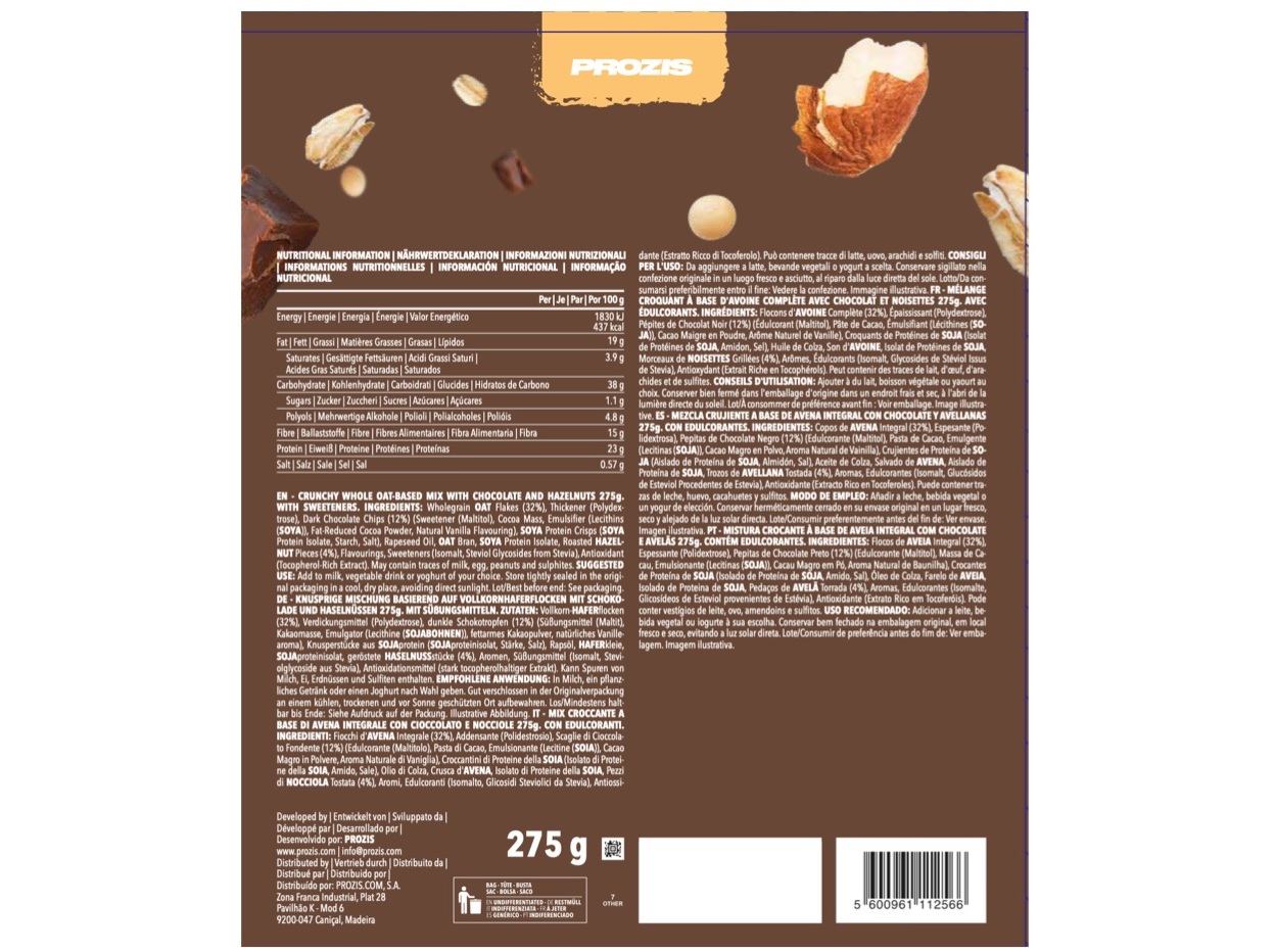 GRANOLA PROZIS PROTEICA CHOCOLATE E AVELÃS 275G