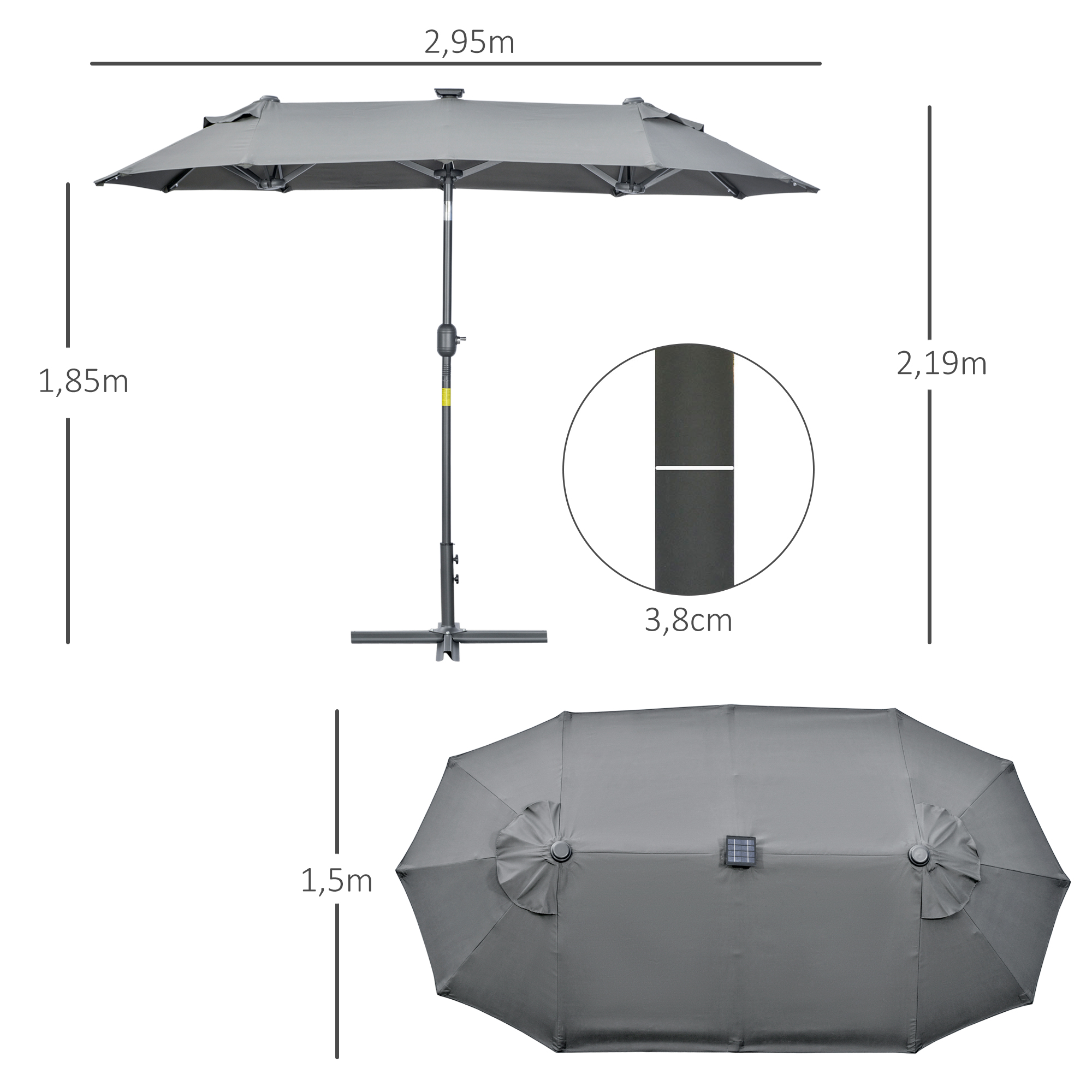 Guarda-sol duplo Outsunny 295x150x219 cm para jardim com luzes LED solares, teto inclinável ajustável e manivela manual para pátio, piscina e praia, cinza.