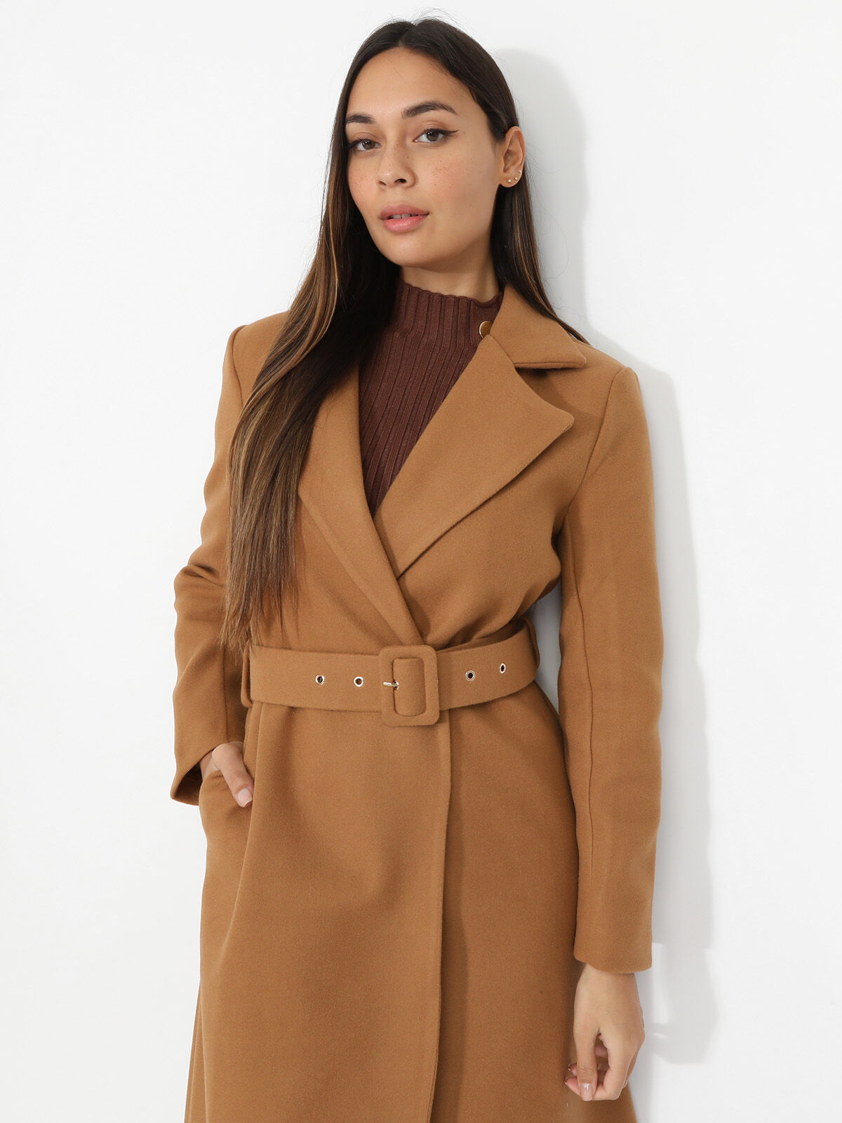 Manteau mi-long croisé et ceinturé- Camel