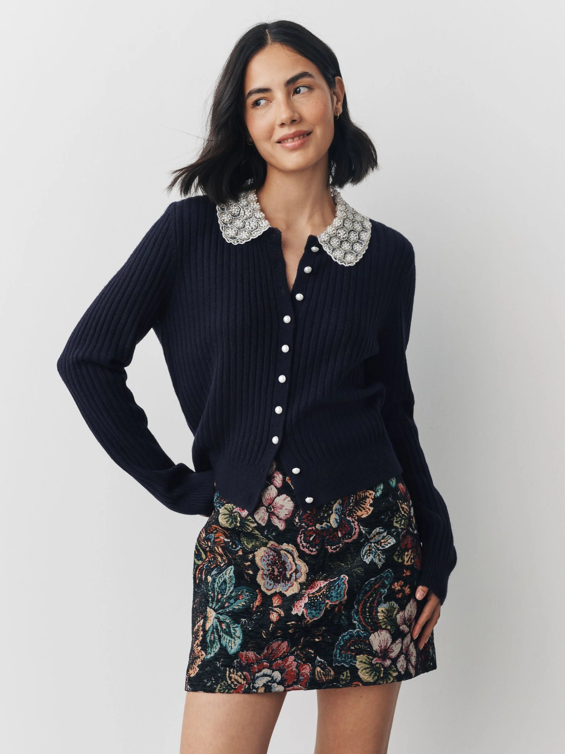 Donkerblauw - Ribbed Pearl Collar Cardigan With Wool