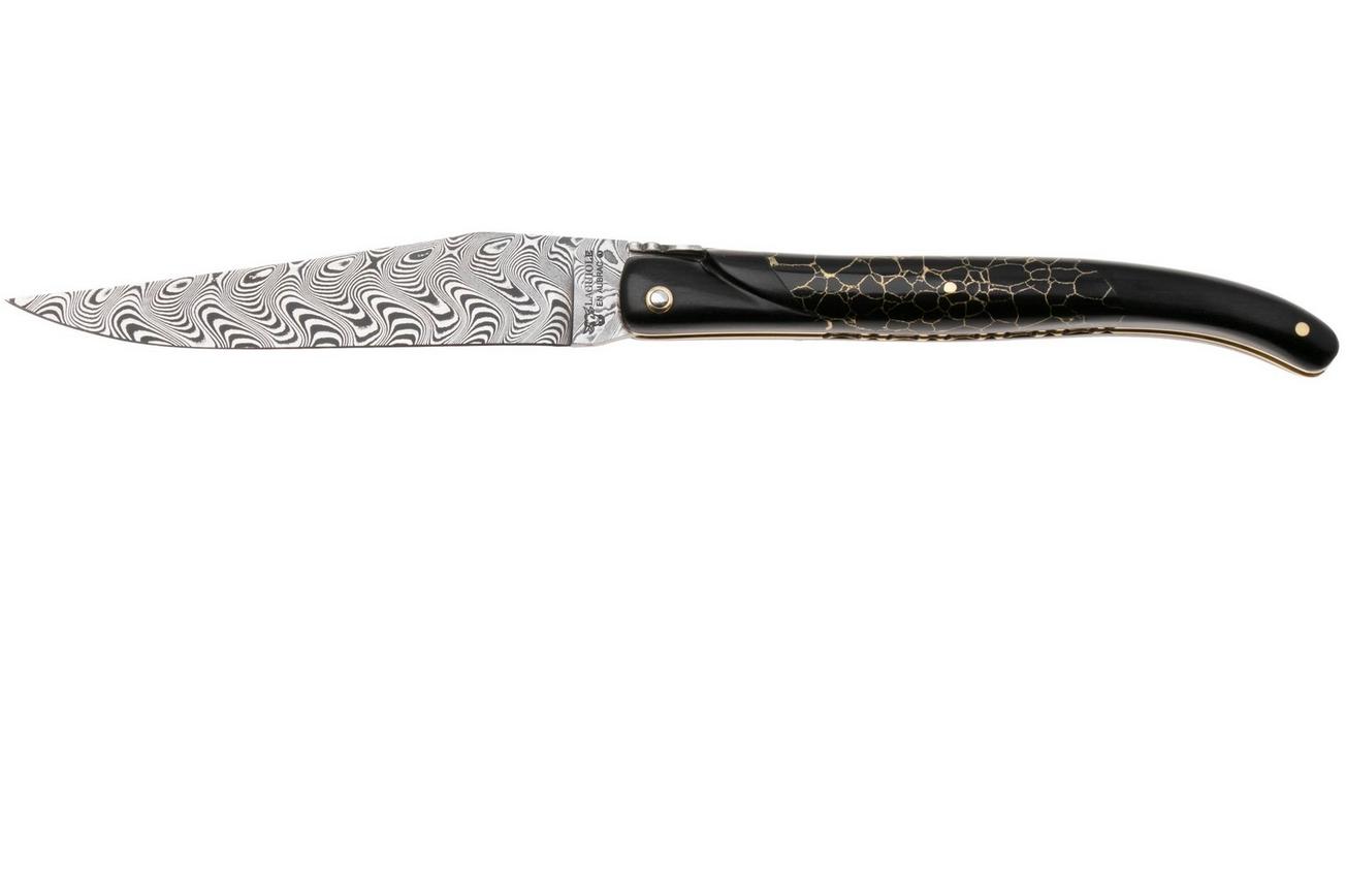 Laguiole en Aubrac Ebony, Onyx Gold Inlay, Handcarved Gold Brass Plates, Balbach Damascus, zakmes, 12 cm
