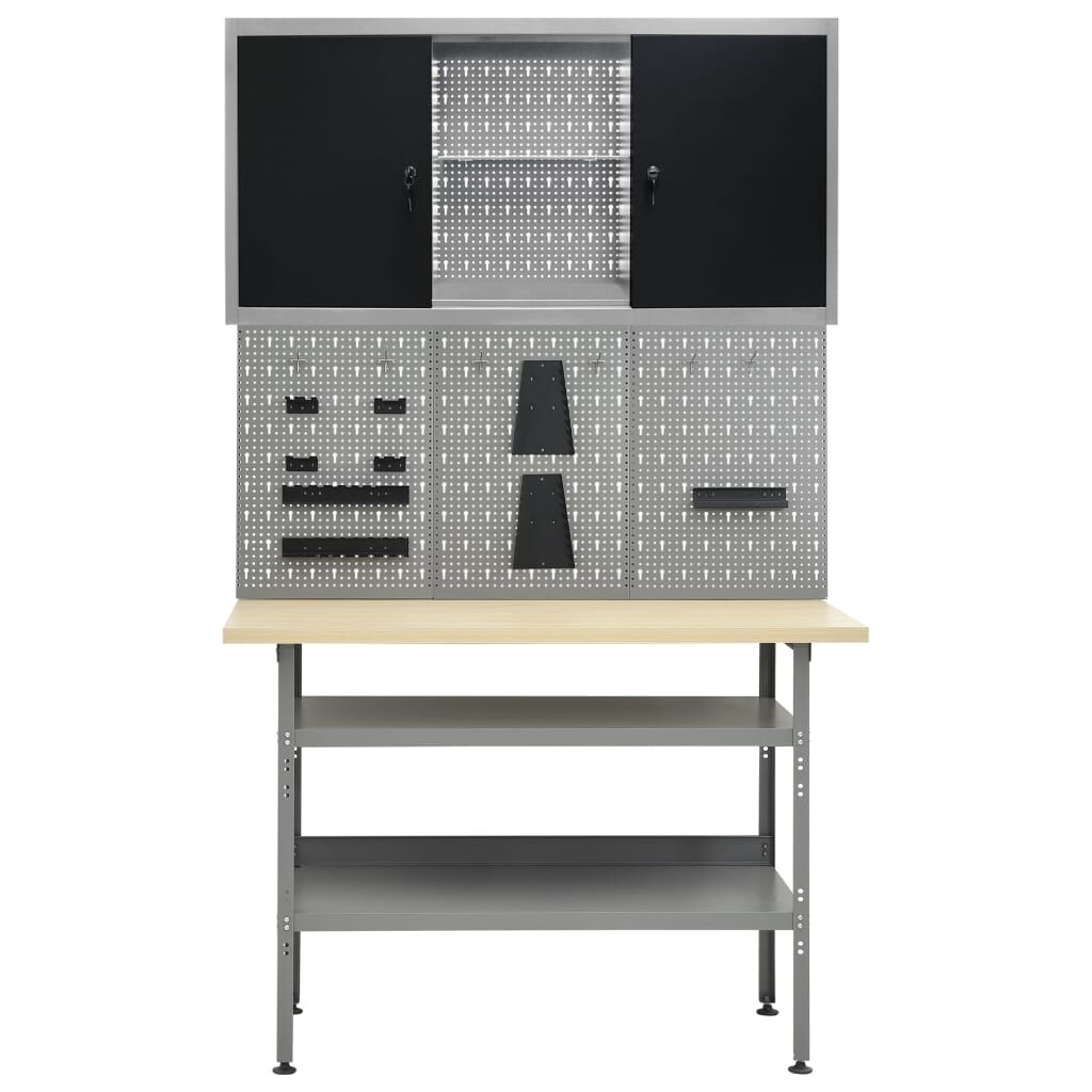 vidaXL Werktafel met drie wandpanelen en een kast