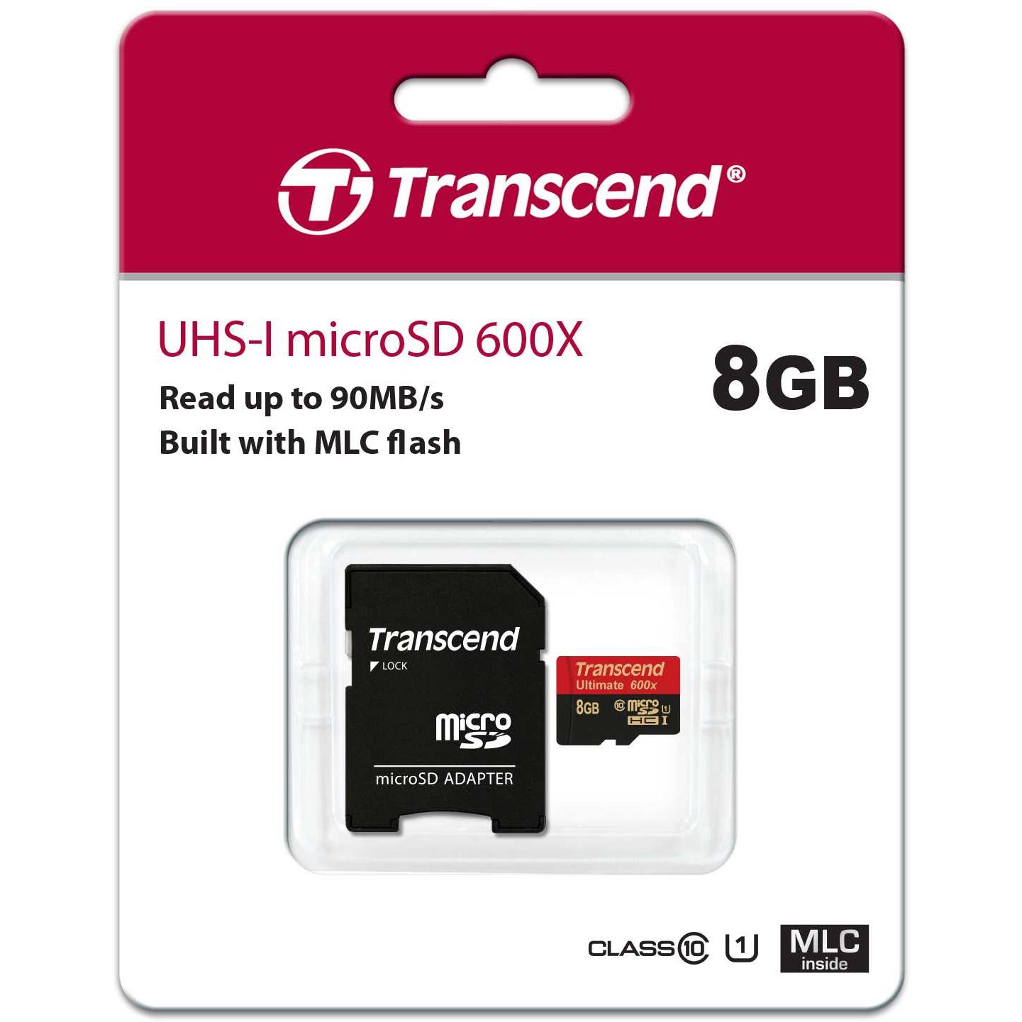 Transcend 8 GB microSDXC/SDHC met adapter U1, MLC, 600X