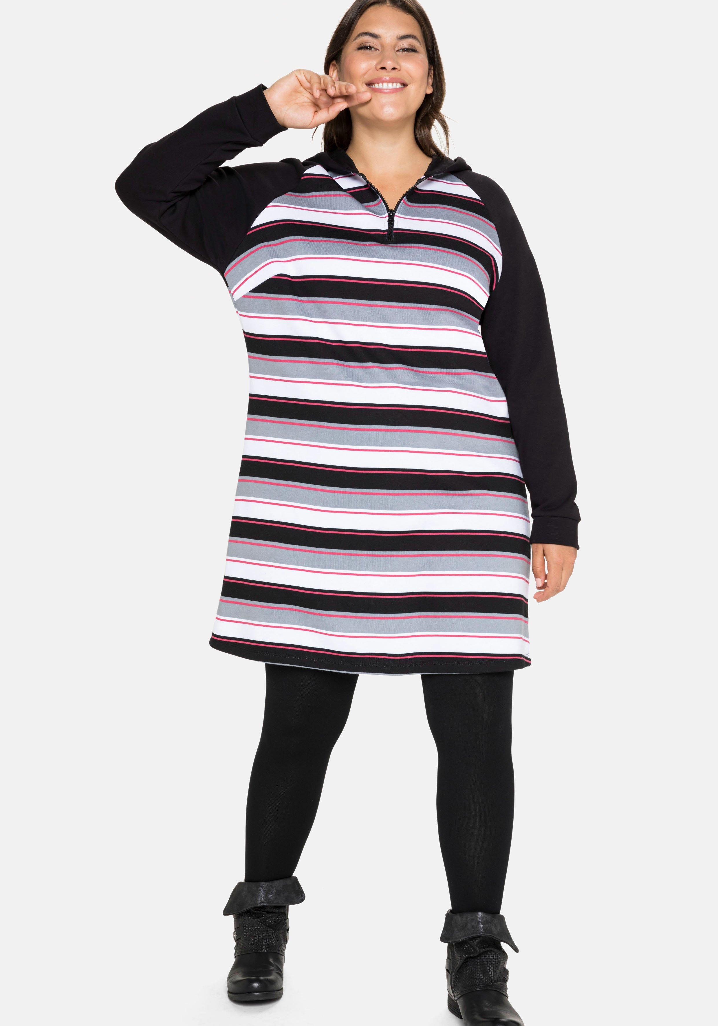 Sweatkleid mit Ringeln, Kapuze und Reißverschluss