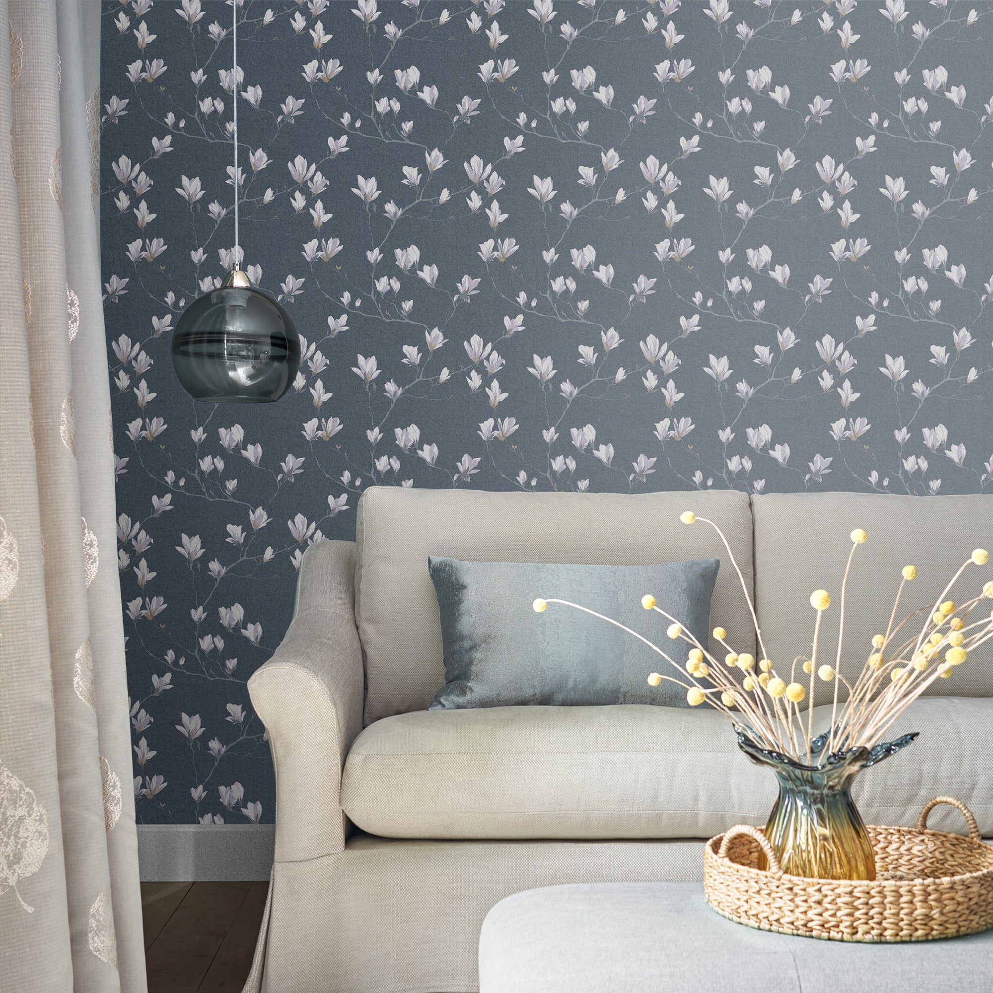 Laura Ashley Magnolia Grove Behang - Bloemen - 10mx52cm - Grijs