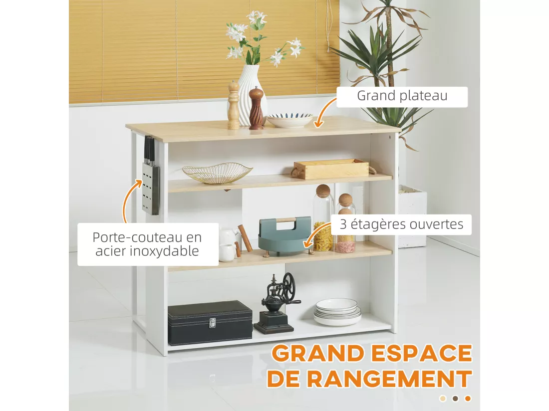 Ilot de cuisine table de bar - 3 étagères, porte-couteaux acier inox. - blanc aspect chêne clair
