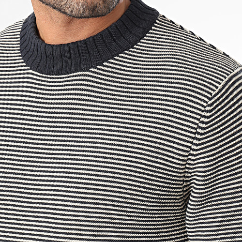 Pull Col Rond A Rayures Robert Bleu Marine Beige