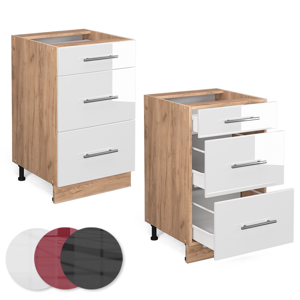 Vicco Schubunterschrank Küchenschrank Küchenmöbel Fame-Line Eiche Weiß modern 50 cm Küche Einbauküche Drehtür Blende Küchenzeile Hochglanz