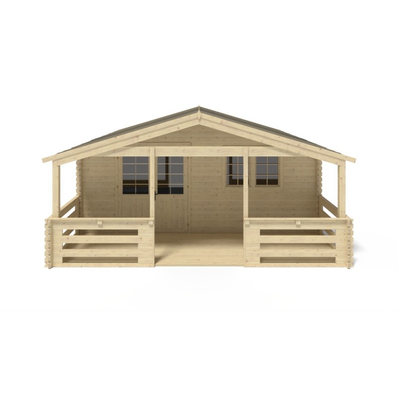 Abri de jardin en bois - 6x5 m - 48 m2 + terrasse avec balustrade et avant-toit en bois