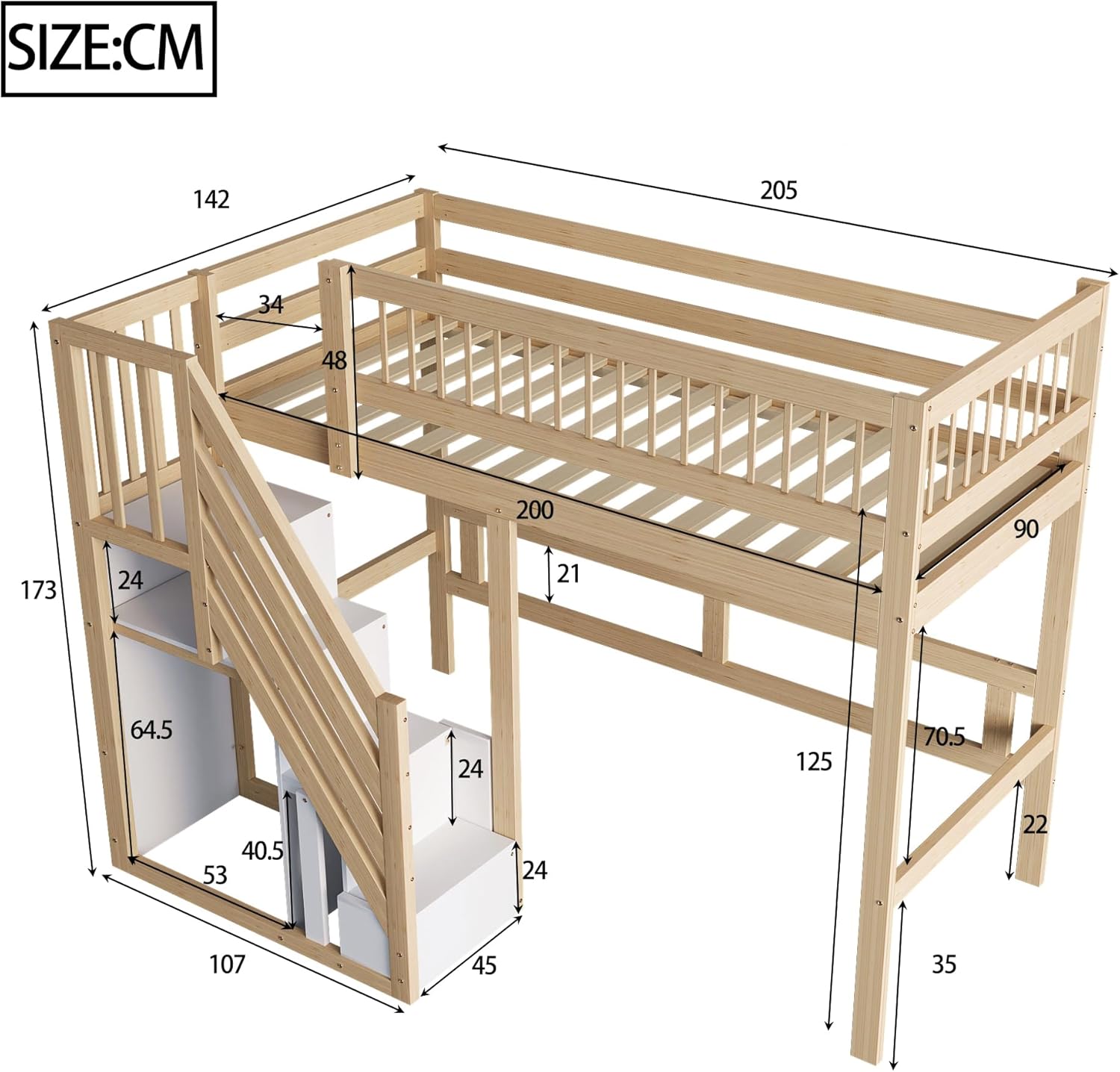 Etagenbett 90x200, Kinderbett Hochbett mit Treppe & Aufbewahrungsschrank, Massivholz Funktionsbett Einzelbett Stockbett Spielbett Kinderhochbett Jugendhochbett mit Lattenrost, Ohne Matratze,Holzfarbe
