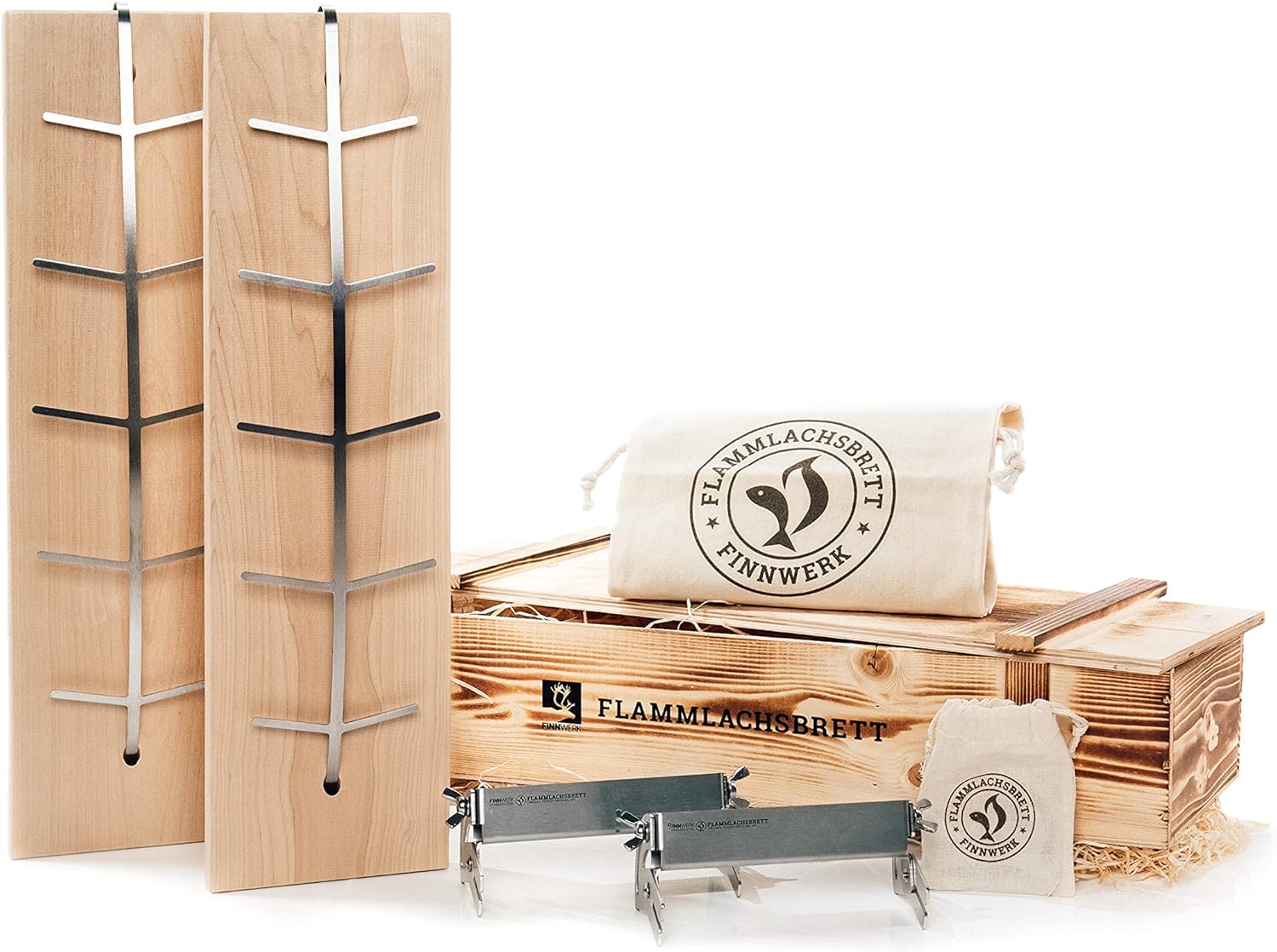 FINNWERK Flammlachsbrett Geschenkset - Lachsbretter mit Halterung aus Edelstahl und praktischem Winkelsystem - Räucherbrett aus massiver Birke - Perfektes Outdoor Geschenk mit Echtholz-Geschenkbox