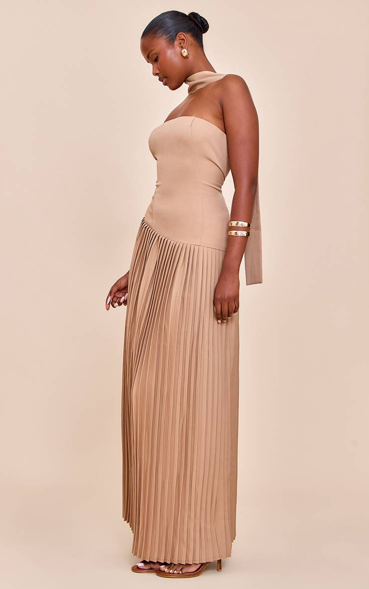 Taupe Robe Maxi Plissée Asymétrique En Tissu Tissé
